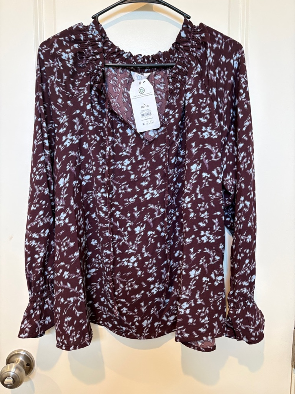 Time and Tru Burgundy and White Floral Ruffle-Neck Long Sleeve Blouse